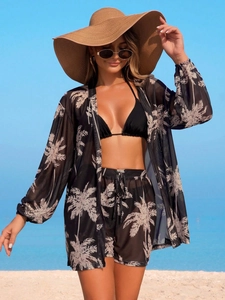Ensemble maillot de bain 3 pièces femme avec haut de bikini noir et paréo imprimé palmiers