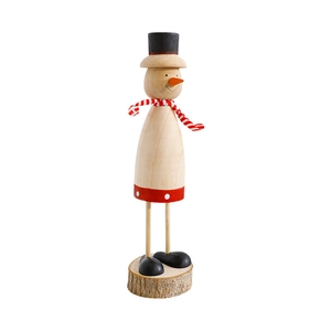 Standing wooden Christmas snowman desktop ornament with red scarf and tree bark base