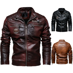 Mens vintage PU leather motorcycle jacket in burgundy, black and brown with badges