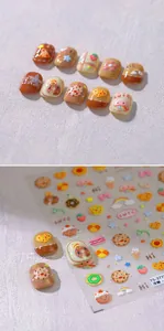 Detailed view of 3D embossed nail stickers featuring cute cookies and donuts designs
