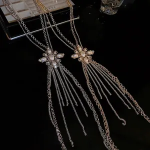 Chic rhinestone pearl tassel body chain in gold and silver finish with star pendants