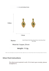Detail view of gold-plated oval eye earrings with green zircon and 925 silver needles