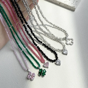 S925 silver beaded necklaces with crystal heart and clover charms in multiple colors