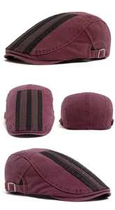 Detailed views of washed cotton flat cap with stripes and silver metal adjustable buckle