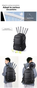 Detail view of large capacity sports backpack showing 6 rackets storage and fixing strap