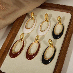 Chic hollow oval enamel earrings in white, black and burgundy with gold finish
