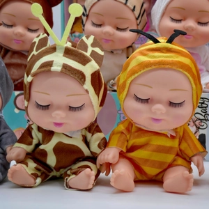 Detailed group view of assorted 8 inch BJD sleeping baby dolls in animal costumes