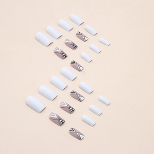 Matte square fake nails with blue-grey tones, geometric stripes, and silver glitter accents