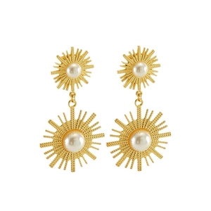 Boucles d'oreilles rétro soleil en or avec perles blanches et double disque