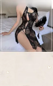 Detail of black lace cheongsam sleepwear with mandarin collar and side slit