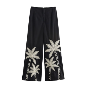 Damen Weite Hose Polyester Palmbaum Stickerei Mittlere Taille Urlaub Stil Lässige Tropische Lange Hose