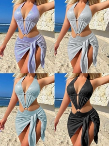 Maillot De Bain Bikini Métallique À Paillettes Avec Jupe Sarong Dos Nu Évidé Anneau Métallique Sexy Femmes