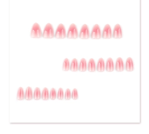 Detail view of 24 pieces of almond-shaped press-on nails with pink jelly gradient effect