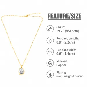 Size chart showing 19.7 inch gold and silver plated Virgin Mary pendant necklace details