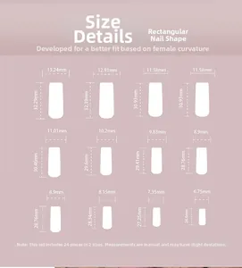 Size chart for 24pcs long square press-on nails with 12 precise width and length specs