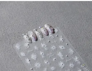 3D embossed white floral nail stickers with pearl accents and lucky lettering