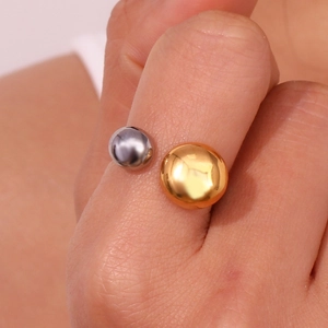 18K gold plated stainless steel open ring with two-tone silver and gold bead design
