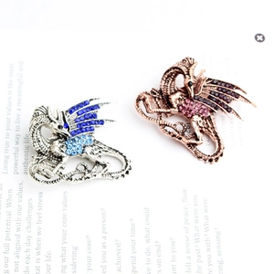 Detailed view of silver and bronze dragon brooches with blue and purple crystals