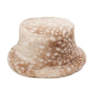 Faux fur bucket hat with deer print pattern for winter warmth and fashion accessory