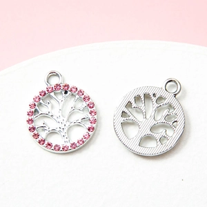 Silver Tree of Life DIY pendant charms with pink rhinestones for jewelry making