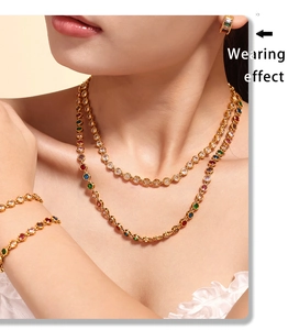Close-up of a model wearing a titanium steel jewelry set with colorful zirconia stones