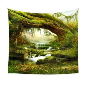 Detailed view of forest stream tapestry wall hanging with vibrant nature landscape