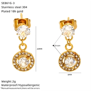 Detailed view of 18K gold-plated stainless steel zircon earrings with 20mm x 8mm dimensions