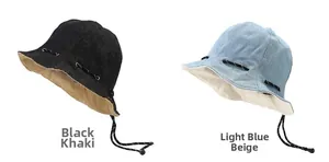 Foldable denim bucket hats with adjustable drawstrings in black-khaki and light blue-beige