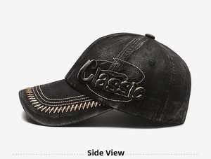 Detail of washed denim baseball cap with Classic embroidery and yellow wavy stitching