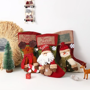 Large Vintage Christmas Stocking Burlap Linen 3D Applique Santa Snowman Reindeer Embroidery Festive Hanging Gift Bags Decor