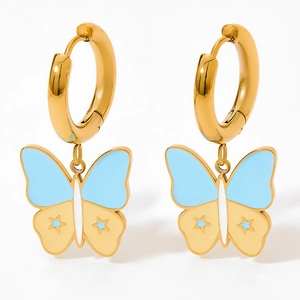 Golden hoop earrings with light blue oil-drip butterfly pendants and star textures