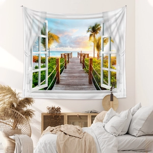 Detail view of tropical sunset landscape wall tapestry with fake window beach scenery design