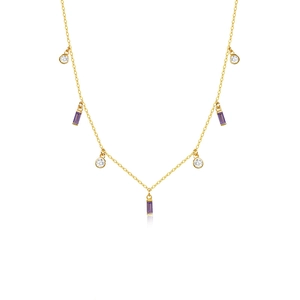 Minimalist S925 sterling silver necklace with square purple zircon and gold chain