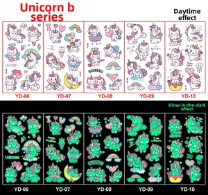 Luminous unicorn temporary tattoos showing day and night glow effects for kids parties