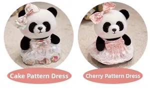 Detail of panda plushies in cherry and cake print dresses with delicate lace edges