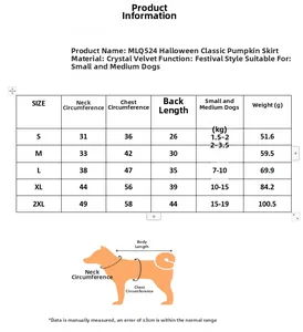 Detailed size chart for Halloween pumpkin dog dress with crystal velvet measurements