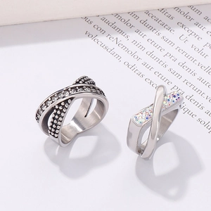Retro braided stainless steel rings with cross design and iridescent accents for women