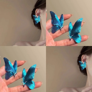 Blue Gradient Butterfly Drop Earrings With 925 Sterling Silver Earring Post Inlaid Rhinestone Painted Alloy Jewelry For Women