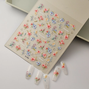 3D floral nail stickers featuring pink roses and camellia designs for nail art