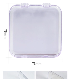 Detailed view of clear square plastic press-on nail storage box with 75mm x 73mm dimensions