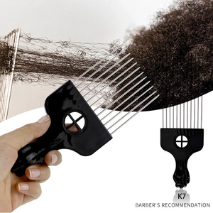 Professional barber afro hair pick with metal teeth and black ergonomic handle