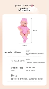 Detailed size chart of a 7-inch lifelike newborn baby doll in pink polka dot outfit