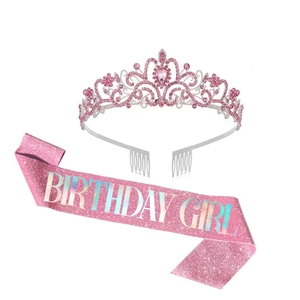 Sparkling silver crown with pink rhinestones and pink Birthday Girl glitter sash set