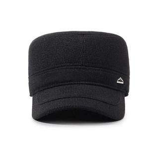 Classic black wool flat top military hat for men with silver mountain metal emblem detail
