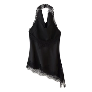 Elegant black halter lace camisole in silk satin texture with intricate floral trim