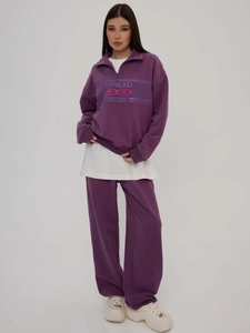 Women Purple Cotton Sweatshirt Top And High Waist Straight Leg Pants Half Zipper Long Sleeve Sporty Casual Streetwear Letter Print