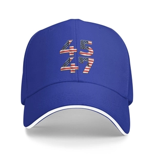 Blue baseball cap with stars and stripes printed numbers 45 and 47 on a white background