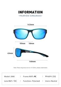 Detailed size specifications for polarized sports cycling sunglasses with PC frame and TAC lens