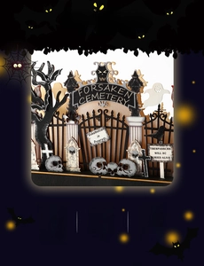 Detail of glowing Halloween cemetery scene with skull and ghost on premium wooden decor