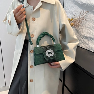 Elegant dark green crocodile pattern handbag with luxury crystal buckle and pleated handle